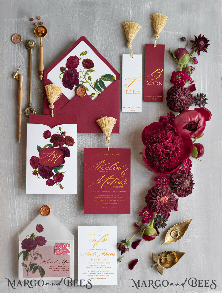 WEDDING INVITATIONS gold / rose gold / silver / glitter Luxury Arabic Wedding Invitation Suite, Golden Shine Wedding Invitations, Glamour Burgundy Indian Wedding Cards, Floral Pocket Wedding Invites With Gold Tassel