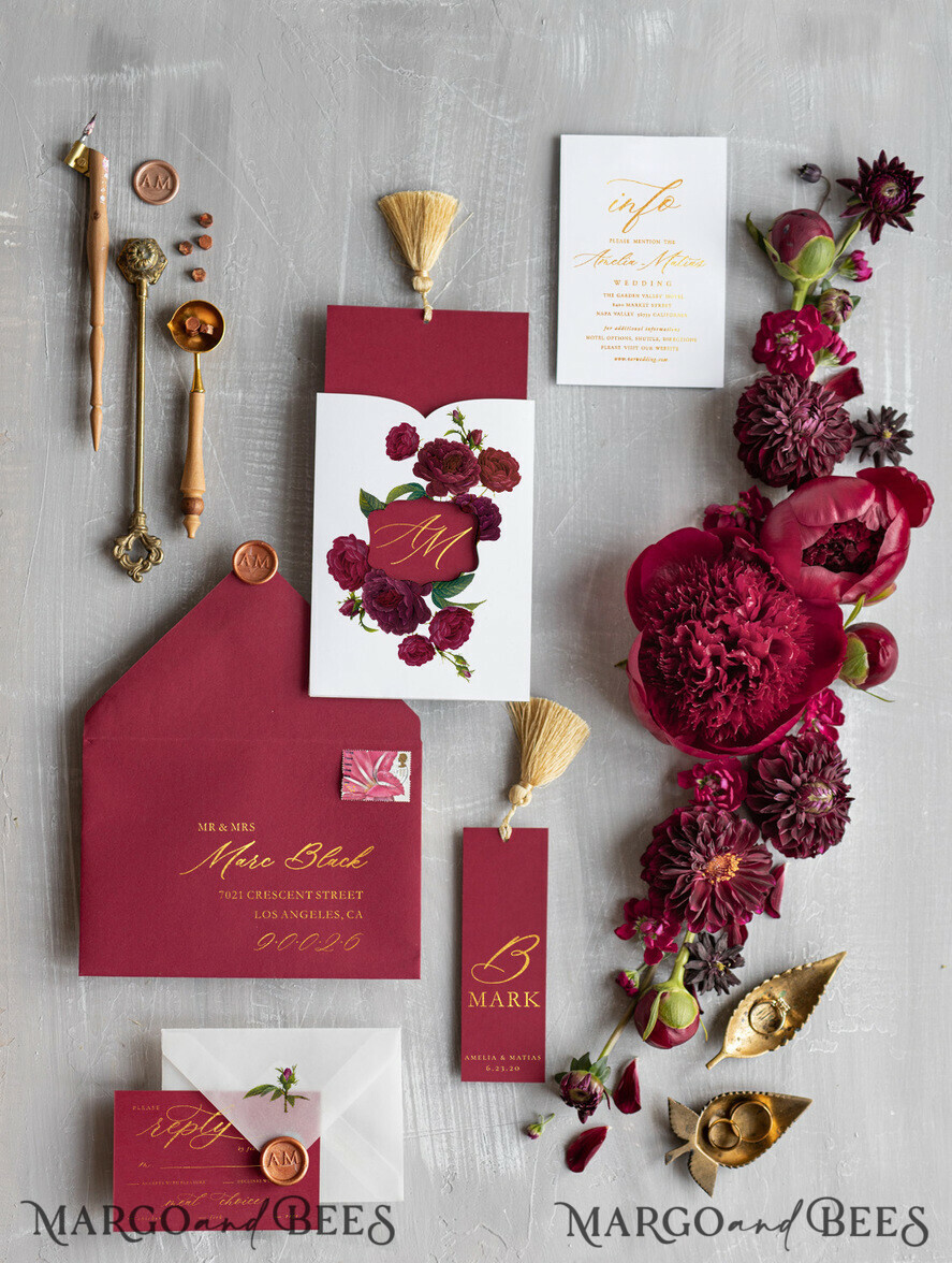 WEDDING INVITATIONS gold / rose gold / silver / glitter Luxury Arabic Wedding Invitation Suite, Golden Shine Wedding Invitations, Glamour Burgundy Indian Wedding Cards, Floral Pocket Wedding Invites With Gold Tassel
