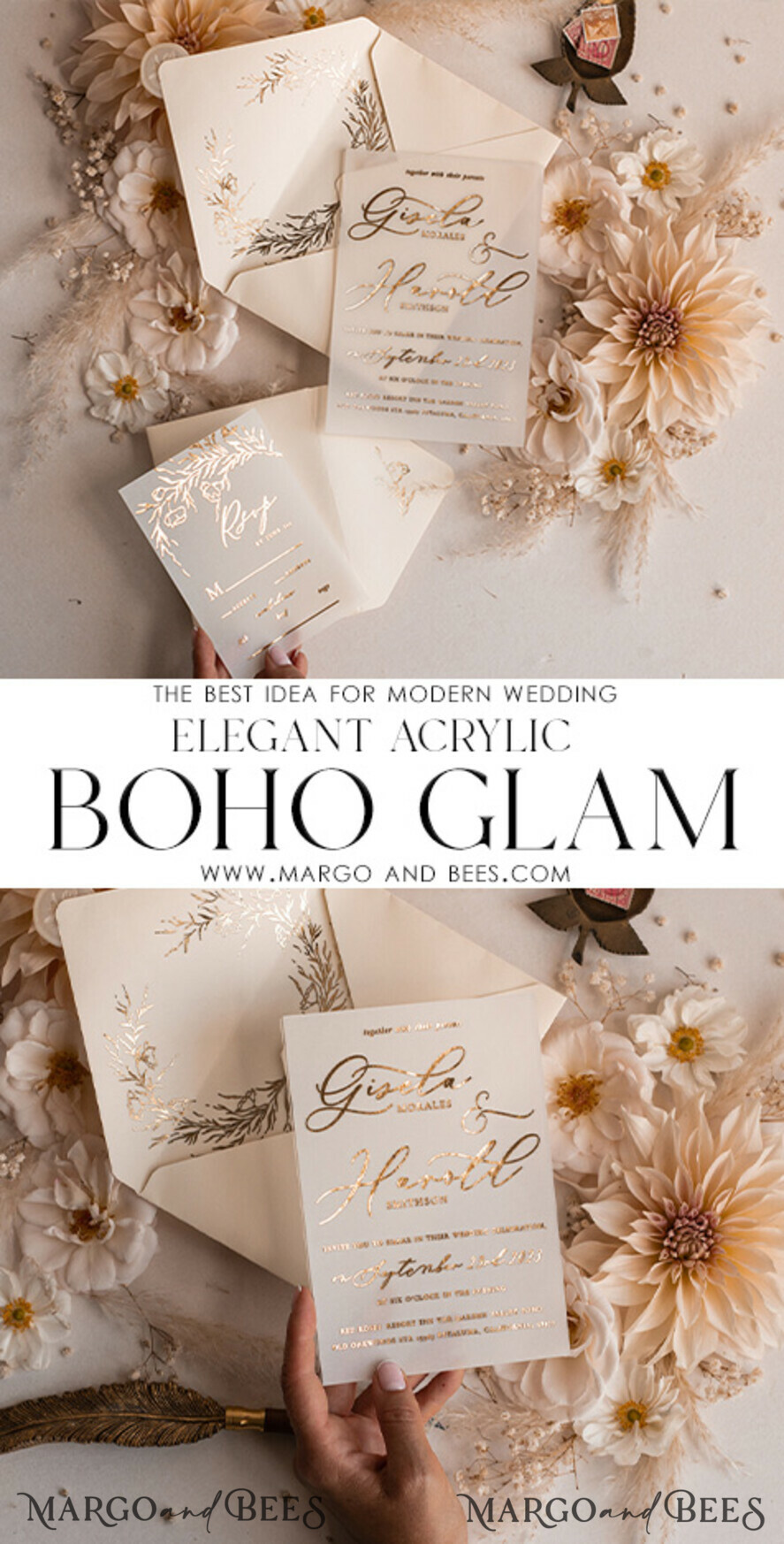 WEDDING INVITATIONS gold / rose gold / silver / glitter Boho Golden Ivory Wedding Invitations, Vellum Gold Wedding Cards, fine art Wedding Invitation Suite, Bespoke Wedding Stationery