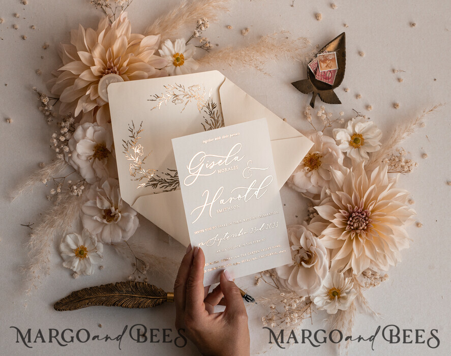 WEDDING INVITATIONS gold / rose gold / silver / glitter Boho Golden Ivory Wedding Invitations, Vellum Gold Wedding Cards, fine art Wedding Invitation Suite, Bespoke Wedding Stationery