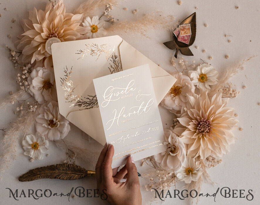 WEDDING INVITATIONS gold / rose gold / silver / glitter Boho Golden Ivory Wedding Invitations, Vellum Gold Wedding Cards, fine art Wedding Invitation Suite, Bespoke Wedding Stationery