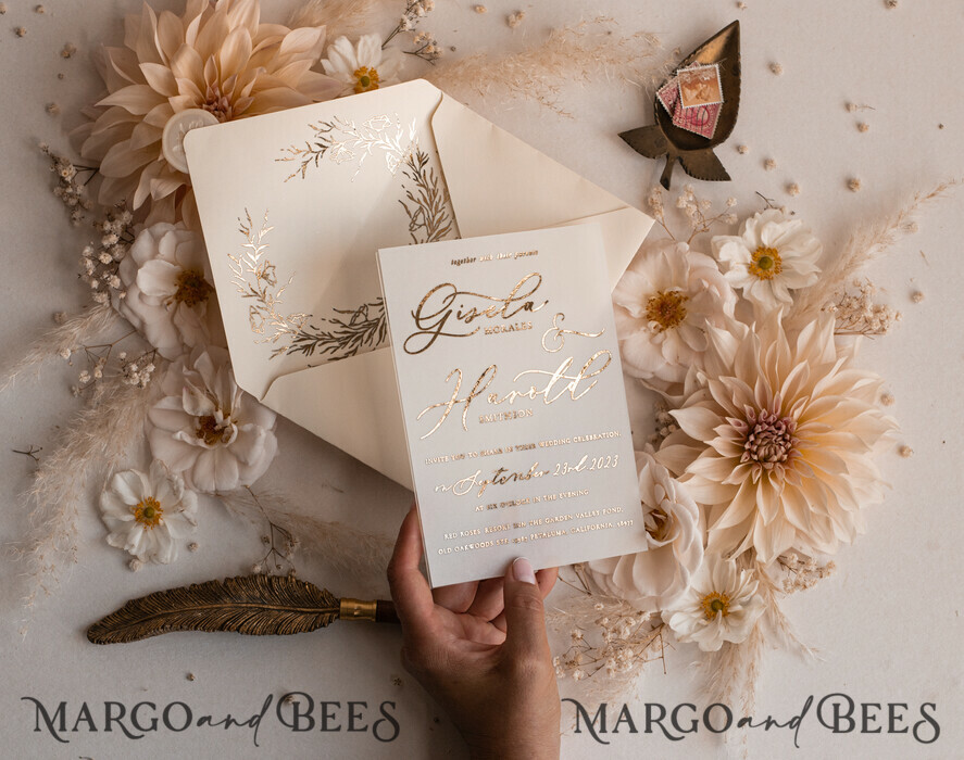 WEDDING INVITATIONS gold / rose gold / silver / glitter Boho Golden Ivory Wedding Invitations, Vellum Gold Wedding Cards, fine art Wedding Invitation Suite, Bespoke Wedding Stationery