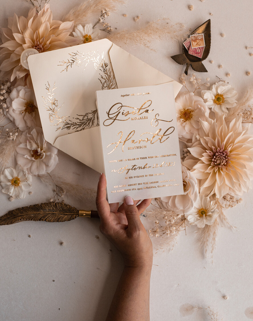 WEDDING INVITATIONS gold / rose gold / silver / glitter Boho Golden Ivory Wedding Invitations, Vellum Gold Wedding Cards, fine art Wedding Invitation Suite, Bespoke Wedding Stationery
