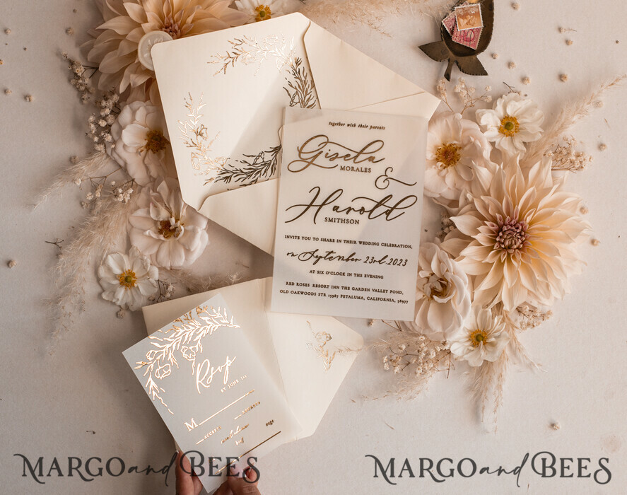 WEDDING INVITATIONS gold / rose gold / silver / glitter Boho Golden Ivory Wedding Invitations, Vellum Gold Wedding Cards, fine art Wedding Invitation Suite, Bespoke Wedding Stationery
