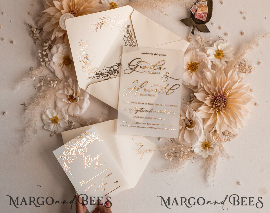 WEDDING INVITATIONS gold / rose gold / silver / glitter Boho Golden Ivory Wedding Invitations, Vellum Gold Wedding Cards, fine art Wedding Invitation Suite, Bespoke Wedding Stationery