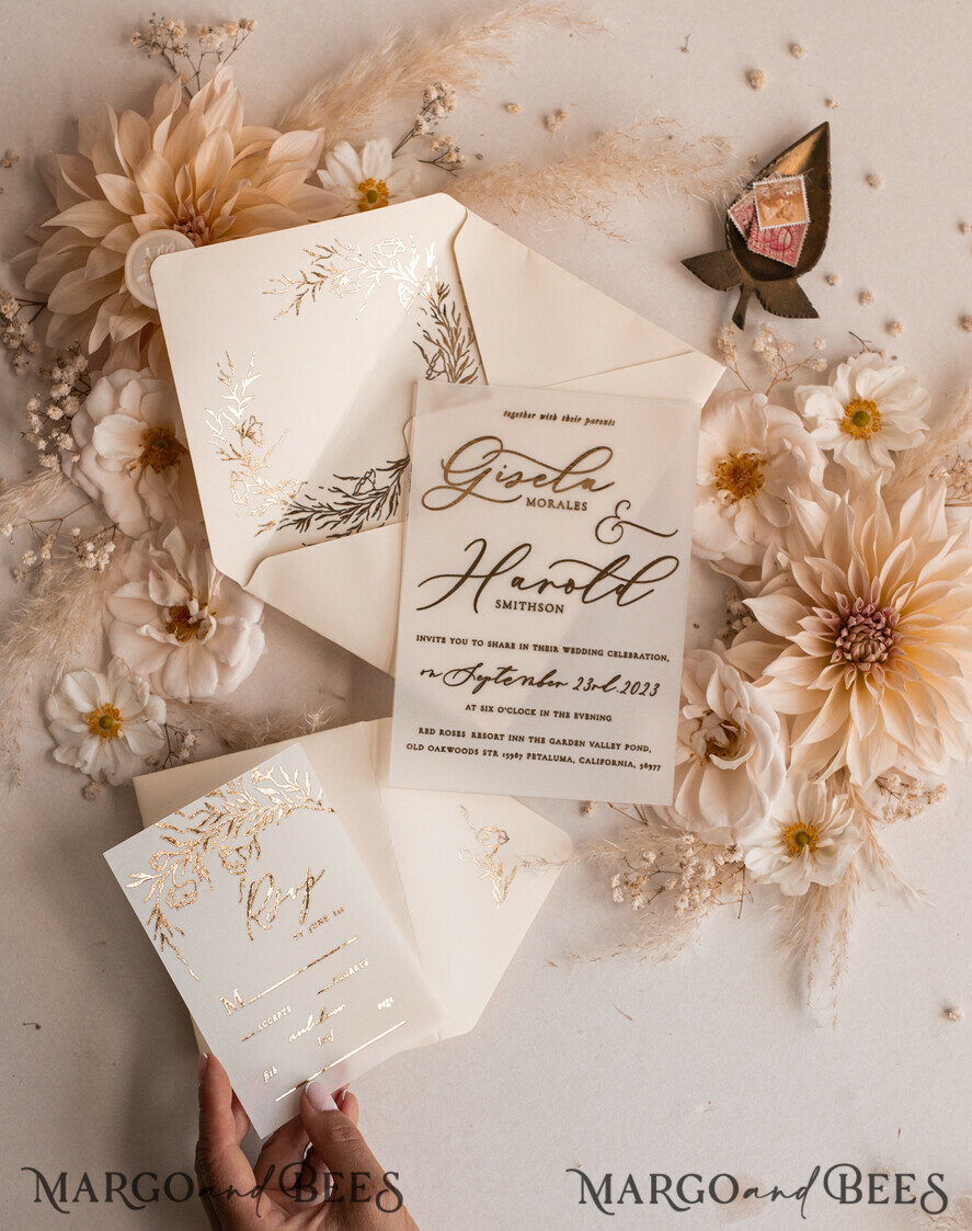 WEDDING INVITATIONS gold / rose gold / silver / glitter Boho Golden Ivory Wedding Invitations, Vellum Gold Wedding Cards, fine art Wedding Invitation Suite, Bespoke Wedding Stationery