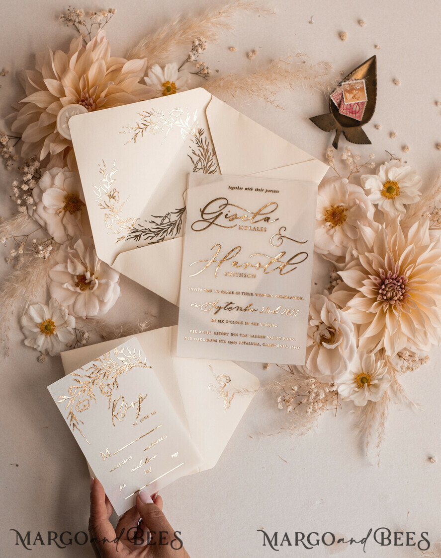 WEDDING INVITATIONS gold / rose gold / silver / glitter Boho Golden Ivory Wedding Invitations, Vellum Gold Wedding Cards, fine art Wedding Invitation Suite, Bespoke Wedding Stationery