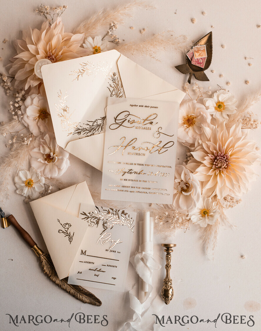 WEDDING INVITATIONS gold / rose gold / silver / glitter Boho Golden Ivory Wedding Invitations, Vellum Gold Wedding Cards, fine art Wedding Invitation Suite, Bespoke Wedding Stationery
