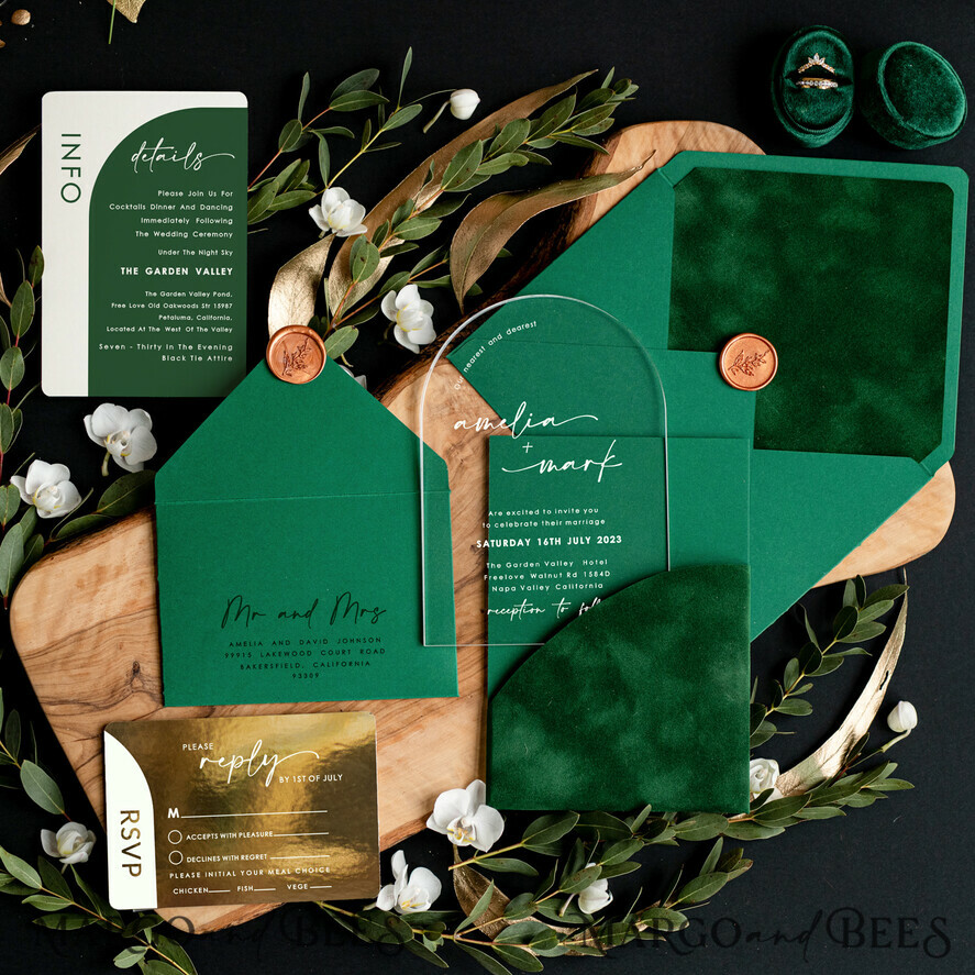 WEDDING INVITATIONS gold / rose gold / silver / glitter Emerald Green Velvet Wedding Invitations, Acrylic Arch Wedding Invites, Greenery Velvet Wedding Invitation Suite, Garden Modern Wedding Stationary, Boho Wedding Ideas Clear Transparent Wedding Invitation with rsvp, Green and Gold Acrylic Wedding Invitation Set