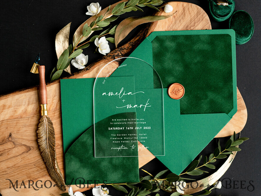 WEDDING INVITATIONS gold / rose gold / silver / glitter Emerald Green Velvet Wedding Invitations, Acrylic Arch Wedding Invites, Greenery Velvet Wedding Invitation Suite, Garden Modern Wedding Stationary, Boho Wedding Ideas Clear Transparent Wedding Invitation with rsvp, Green and Gold Acrylic Wedding Invitation Set