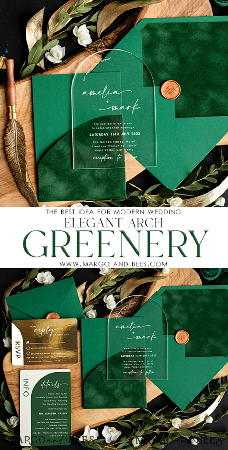 WEDDING INVITATIONS gold / rose gold / silver / glitter Emerald Green Velvet Wedding Invitations, Acrylic Arch Wedding Invites, Greenery Velvet Wedding Invitation Suite, Garden Modern Wedding Stationary, Boho Wedding Ideas Clear Transparent Wedding Invitation with rsvp, Green and Gold Acrylic Wedding Invitation Set