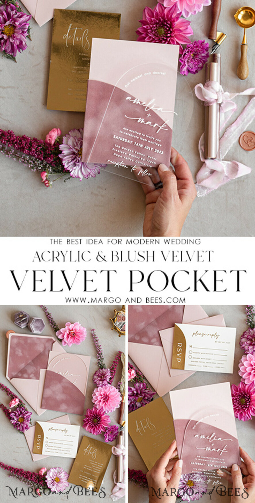 WEDDING INVITATIONS gold / rose gold / silver / glitter Arch Gold Acrylic wedding invitation suite, Velvet Pocket Blush Pink Wedding Invites, Boho Wedding Invitations