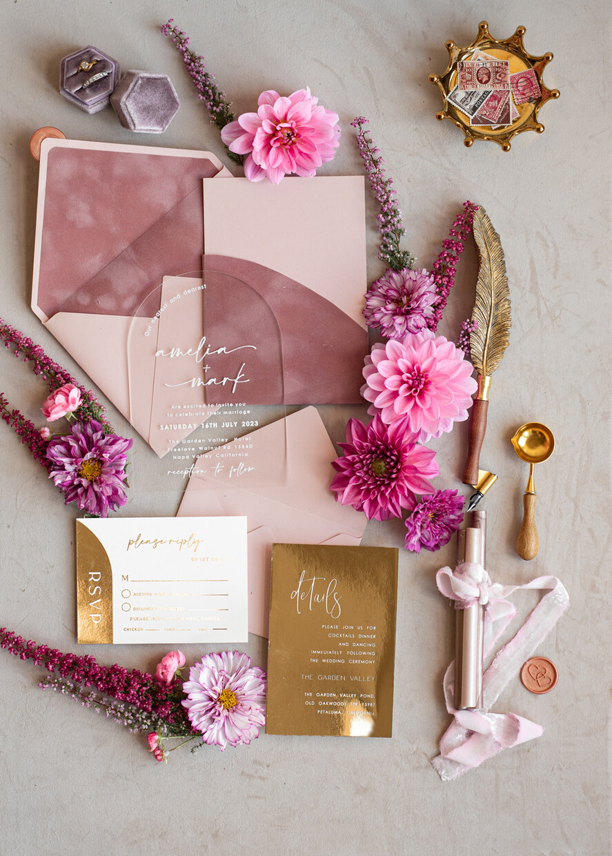 WEDDING INVITATIONS gold / rose gold / silver / glitter Arch Gold Acrylic wedding invitation suite, Velvet Pocket Blush Pink Wedding Invites, Boho Wedding Invitations
