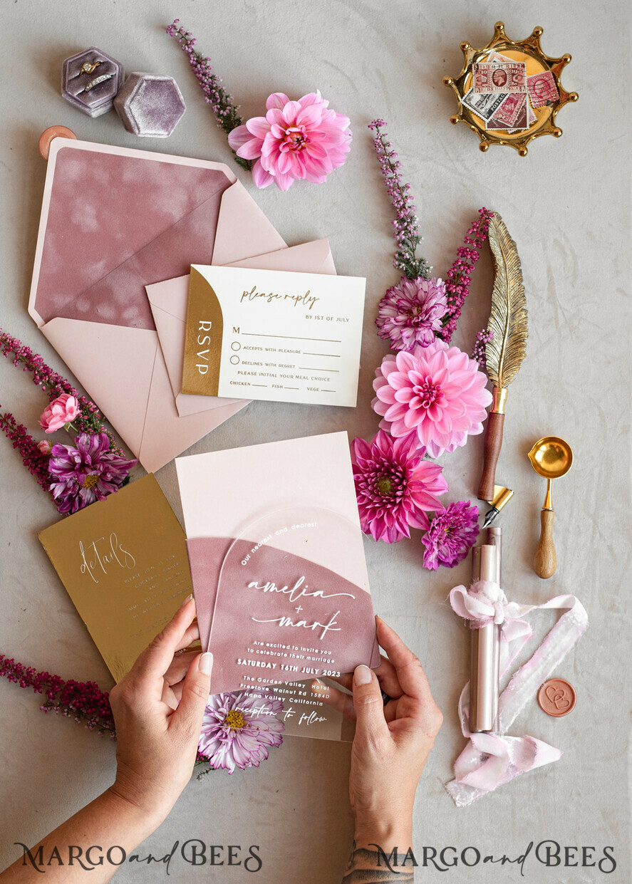 WEDDING INVITATIONS gold / rose gold / silver / glitter Arch Gold Acrylic wedding invitation suite, Velvet Pocket Blush Pink Wedding Invites, Boho Wedding Invitations