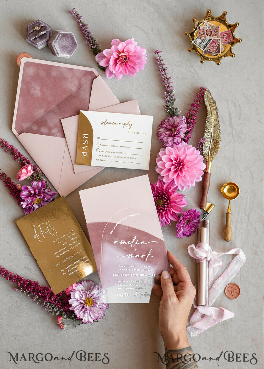 WEDDING INVITATIONS gold / rose gold / silver / glitter Arch Gold Acrylic wedding invitation suite, Velvet Pocket Blush Pink Wedding Invites, Boho Wedding Invitations