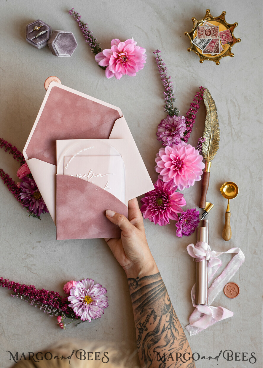 WEDDING INVITATIONS gold / rose gold / silver / glitter Arch Gold Acrylic wedding invitation suite, Velvet Pocket Blush Pink Wedding Invites, Boho Wedding Invitations