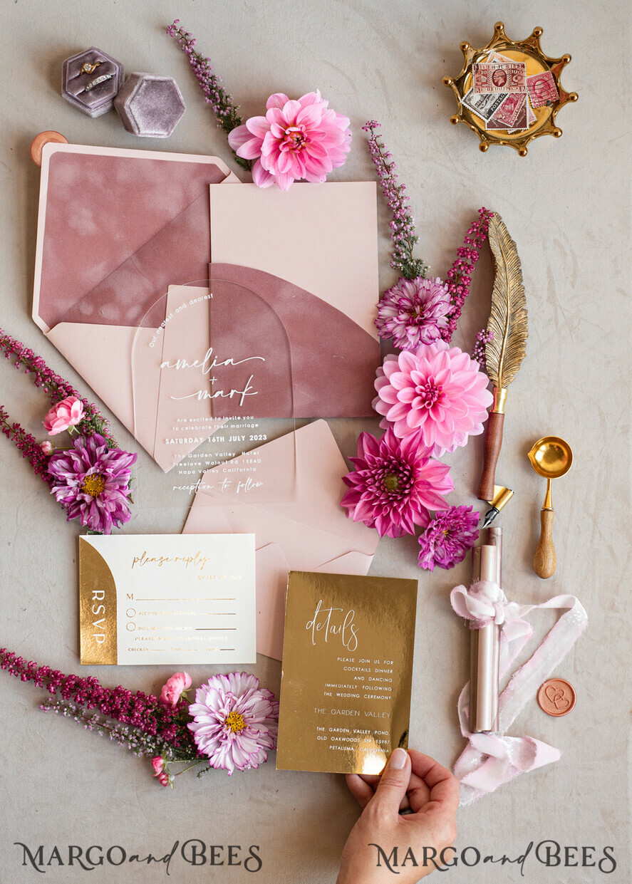 WEDDING INVITATIONS gold / rose gold / silver / glitter Arch Gold Acrylic wedding invitation suite, Velvet Pocket Blush Pink Wedding Invites, Boho Wedding Invitations