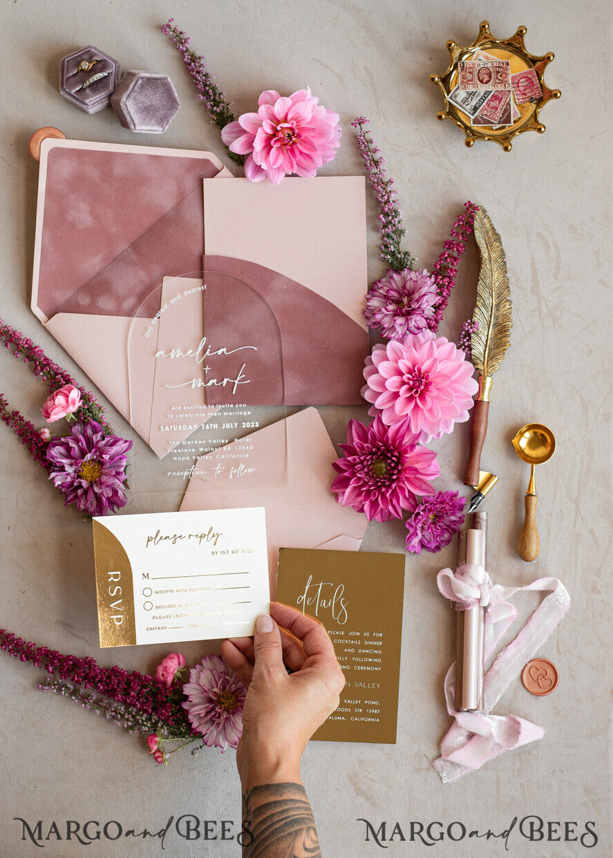WEDDING INVITATIONS gold / rose gold / silver / glitter Arch Gold Acrylic wedding invitation suite, Velvet Pocket Blush Pink Wedding Invites, Boho Wedding Invitations