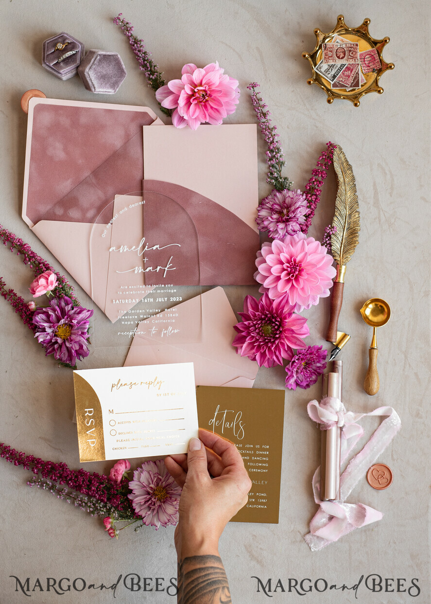 WEDDING INVITATIONS gold / rose gold / silver / glitter Arch Gold Acrylic wedding invitation suite, Velvet Pocket Blush Pink Wedding Invites, Boho Wedding Invitations