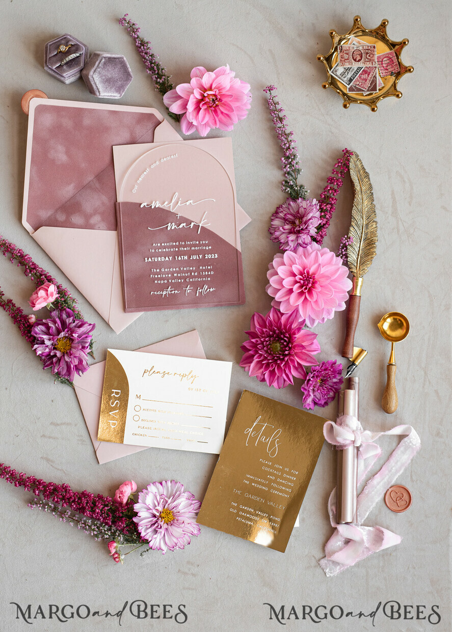WEDDING INVITATIONS gold / rose gold / silver / glitter Arch Gold Acrylic wedding invitation suite, Velvet Pocket Blush Pink Wedding Invites, Boho Wedding Invitations