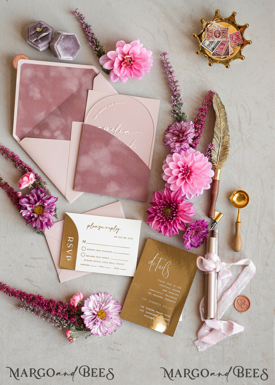 WEDDING INVITATIONS gold / rose gold / silver / glitter Arch Gold Acrylic wedding invitation suite, Velvet Pocket Blush Pink Wedding Invites, Boho Wedding Invitations