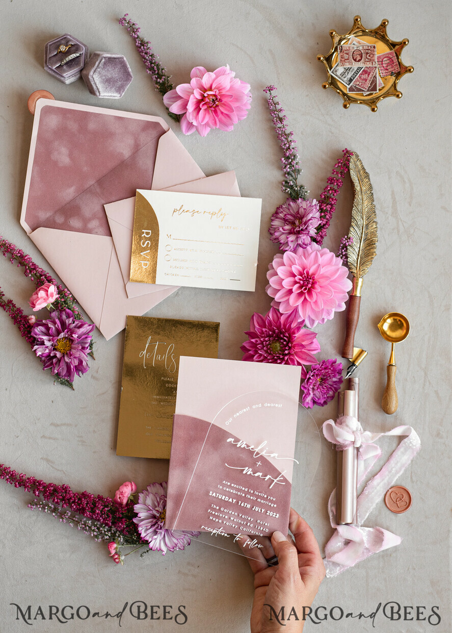 WEDDING INVITATIONS gold / rose gold / silver / glitter Arch Gold Acrylic wedding invitation suite, Velvet Pocket Blush Pink Wedding Invites, Boho Wedding Invitations