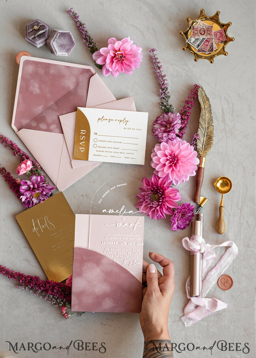 WEDDING INVITATIONS gold / rose gold / silver / glitter Arch Gold Acrylic wedding invitation suite, Velvet Pocket Blush Pink Wedding Invites, Boho Wedding Invitations
