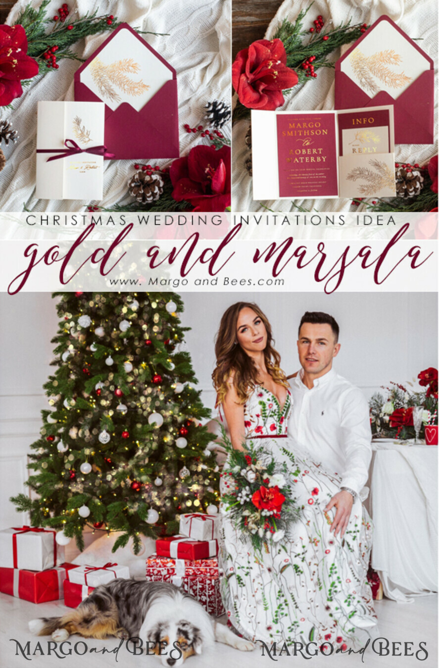 WEDDING INVITATIONS gold / rose gold / silver / glitter Christmas wedding invitations, festive wedding invitations, winter wedding inspiration, winter wedding, christmas wedding, red and gold wedding invitations, gold lettering, gold foil print out, pocket wedding invitations, christmas wedding cards, marsala wedding invitations, marsala red, red wedding, gold wedding, white wedding, red and white wedding, white ribbon, elegant wedding invitations, festive season