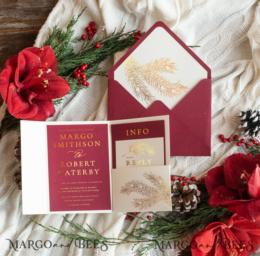 WEDDING INVITATIONS gold / rose gold / silver / glitter Christmas wedding invitations, festive wedding invitations, winter wedding inspiration, winter wedding, christmas wedding, red and gold wedding invitations, gold lettering, gold foil print out, pocket wedding invitations, christmas wedding cards, marsala wedding invitations, marsala red, red wedding, gold wedding, white wedding, red and white wedding, white ribbon, elegant wedding invitations, festive season