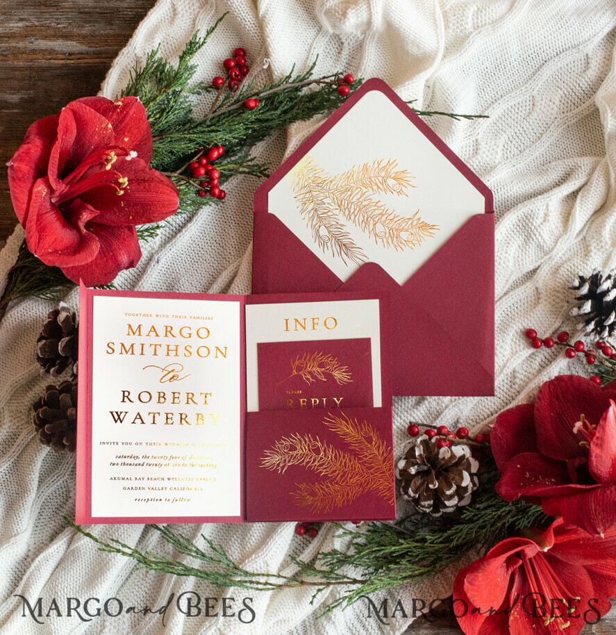 WEDDING INVITATIONS gold / rose gold / silver / glitter Christmas wedding invitations, festive wedding invitations, winter wedding inspiration, winter wedding, christmas wedding, red and gold wedding invitations, gold lettering, gold foil print out, pocket wedding invitations, christmas wedding cards, marsala wedding invitations, marsala red, red wedding, gold wedding, white wedding, red and white wedding, white ribbon, elegant wedding invitations, festive season