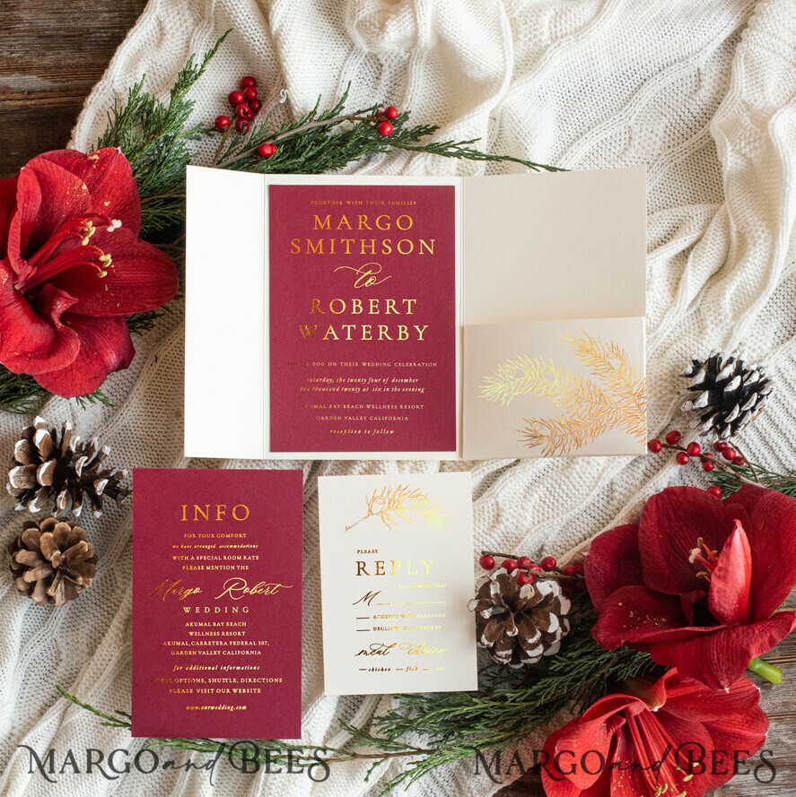 WEDDING INVITATIONS gold / rose gold / silver / glitter Christmas wedding invitations, festive wedding invitations, winter wedding inspiration, winter wedding, christmas wedding, red and gold wedding invitations, gold lettering, gold foil print out, pocket wedding invitations, christmas wedding cards, marsala wedding invitations, marsala red, red wedding, gold wedding, white wedding, red and white wedding, white ribbon, elegant wedding invitations, festive season