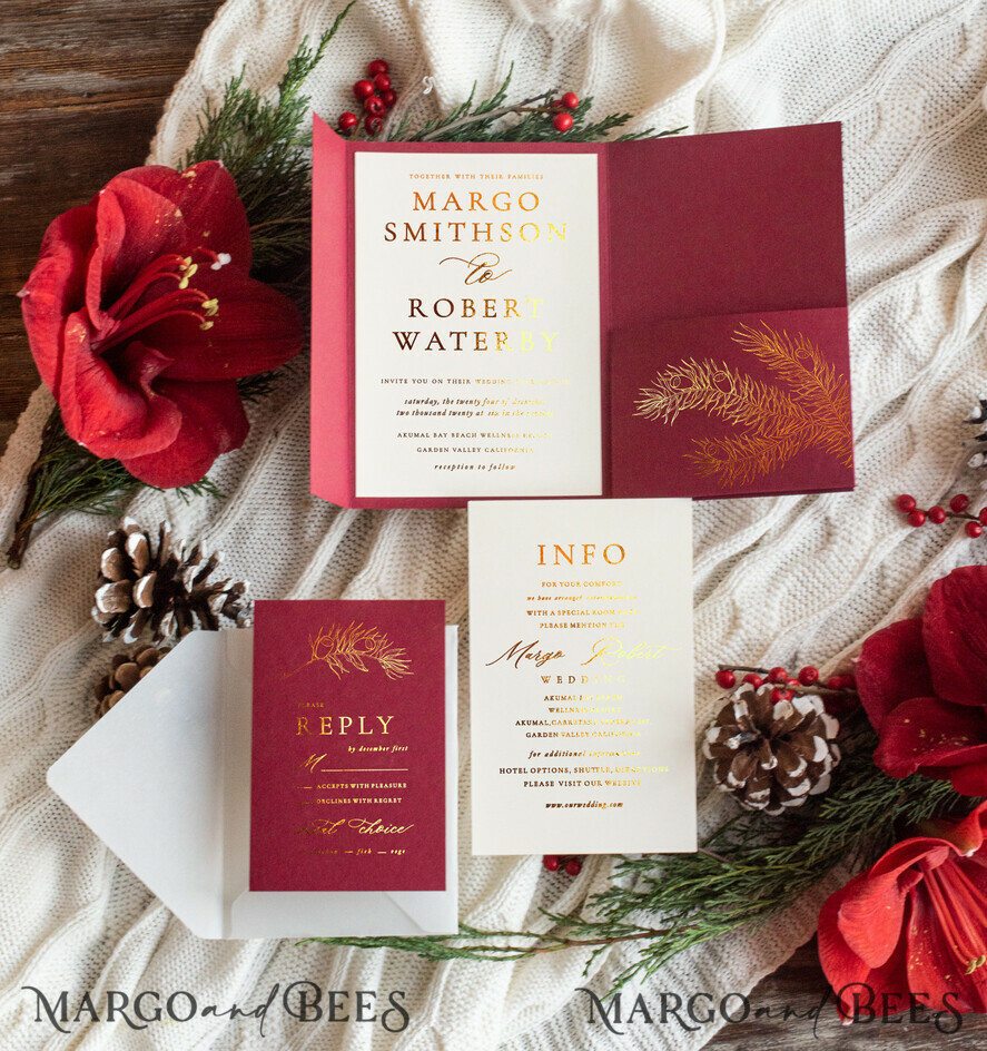 WEDDING INVITATIONS gold / rose gold / silver / glitter Christmas wedding invitations, festive wedding invitations, winter wedding inspiration, winter wedding, christmas wedding, red and gold wedding invitations, gold lettering, gold foil print out, pocket wedding invitations, christmas wedding cards, marsala wedding invitations, marsala red, red wedding, gold wedding, white wedding, red and white wedding, white ribbon, elegant wedding invitations, festive season
