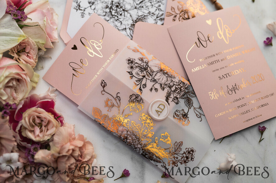 WEDDING INVITATIONS gold / rose gold / silver / glitter Luxury Vellum Gold Foil Wedding Invitations, Elegant Blush Pink Wedding Invitation Suite, Glamour Wedding Cards, Golden Shine Wedding Invitation Suite