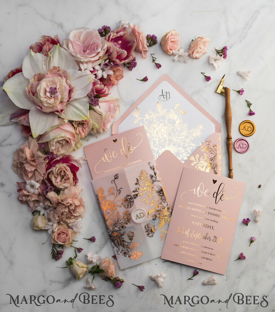 WEDDING INVITATIONS gold / rose gold / silver / glitter Luxury Vellum Gold Foil Wedding Invitations, Elegant Blush Pink Wedding Invitation Suite, Glamour Wedding Cards, Golden Shine Wedding Invitation Suite