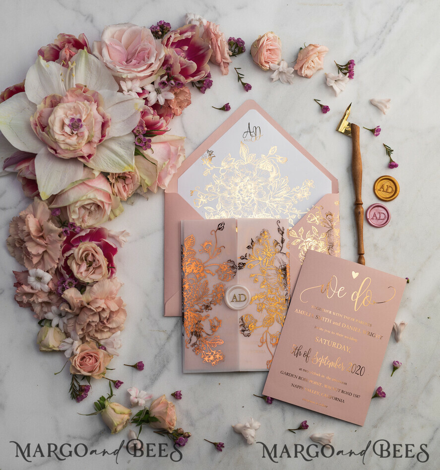 WEDDING INVITATIONS gold / rose gold / silver / glitter Luxury Vellum Gold Foil Wedding Invitations, Elegant Blush Pink Wedding Invitation Suite, Glamour Wedding Cards, Golden Shine Wedding Invitation Suite