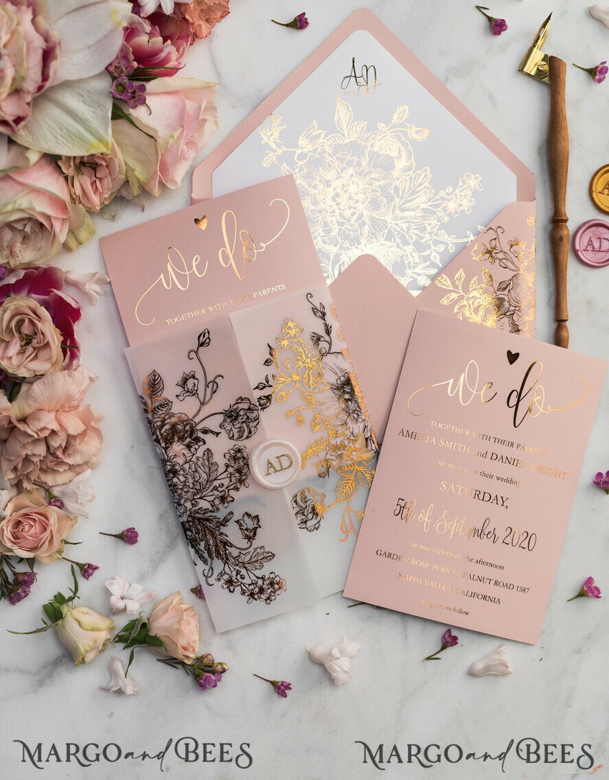 WEDDING INVITATIONS gold / rose gold / silver / glitter Luxury Vellum Gold Foil Wedding Invitations, Elegant Blush Pink Wedding Invitation Suite, Glamour Wedding Cards, Golden Shine Wedding Invitation Suite