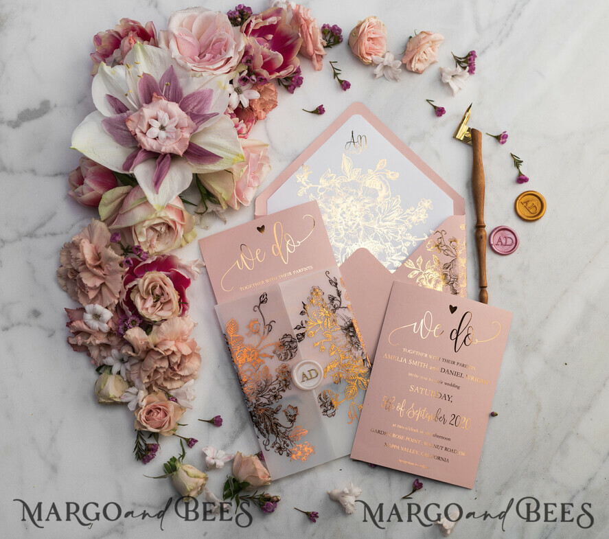 WEDDING INVITATIONS gold / rose gold / silver / glitter Luxury Vellum Gold Foil Wedding Invitations, Elegant Blush Pink Wedding Invitation Suite, Glamour Wedding Cards, Golden Shine Wedding Invitation Suite
