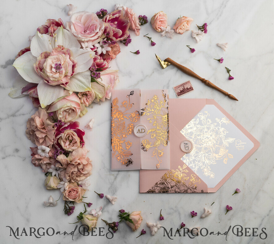 WEDDING INVITATIONS gold / rose gold / silver / glitter Luxury Vellum Gold Foil Wedding Invitations, Elegant Blush Pink Wedding Invitation Suite, Glamour Wedding Cards, Golden Shine Wedding Invitation Suite