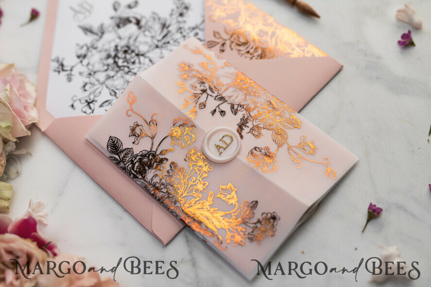 WEDDING INVITATIONS gold / rose gold / silver / glitter Luxury Vellum Gold Foil Wedding Invitations, Elegant Blush Pink Wedding Invitation Suite, Glamour Wedding Cards, Golden Shine Wedding Invitation Suite
