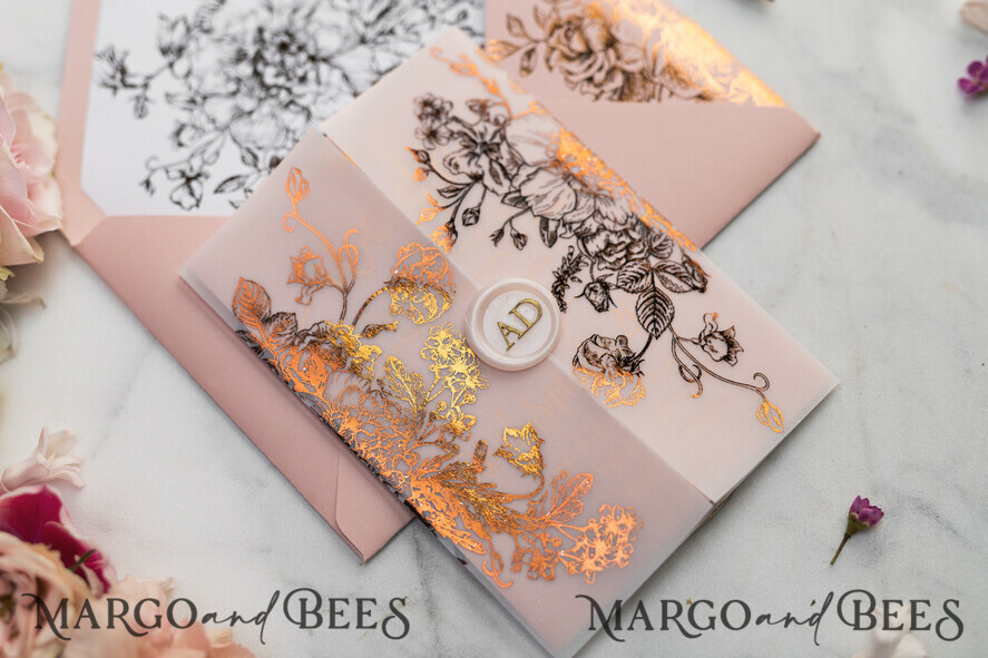 WEDDING INVITATIONS gold / rose gold / silver / glitter Luxury Vellum Gold Foil Wedding Invitations, Elegant Blush Pink Wedding Invitation Suite, Glamour Wedding Cards, Golden Shine Wedding Invitation Suite