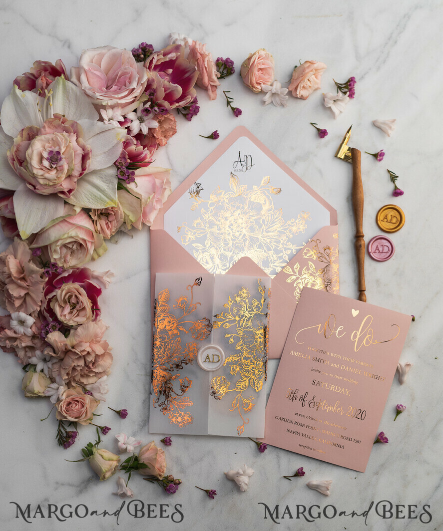 WEDDING INVITATIONS gold / rose gold / silver / glitter Luxury Vellum Gold Foil Wedding Invitations, Elegant Blush Pink Wedding Invitation Suite, Glamour Wedding Cards, Golden Shine Wedding Invitation Suite