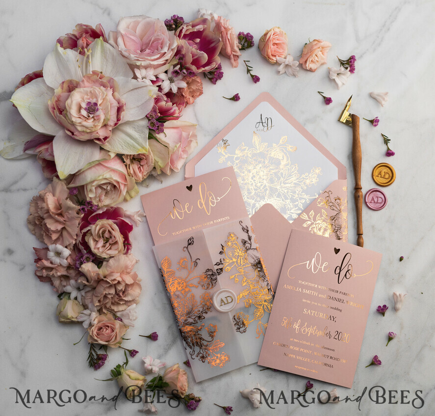 WEDDING INVITATIONS gold / rose gold / silver / glitter Luxury Vellum Gold Foil Wedding Invitations, Elegant Blush Pink Wedding Invitation Suite, Glamour Wedding Cards, Golden Shine Wedding Invitation Suite
