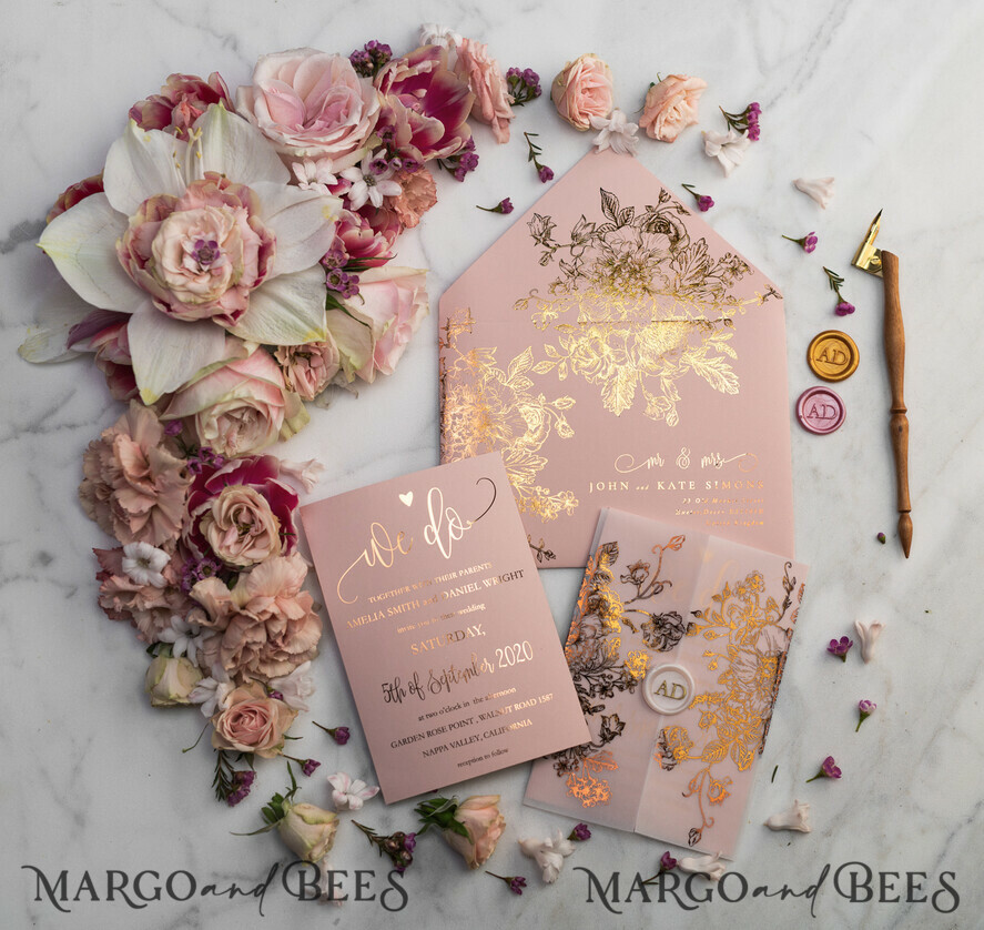 WEDDING INVITATIONS gold / rose gold / silver / glitter Luxury Vellum Gold Foil Wedding Invitations, Elegant Blush Pink Wedding Invitation Suite, Glamour Wedding Cards, Golden Shine Wedding Invitation Suite