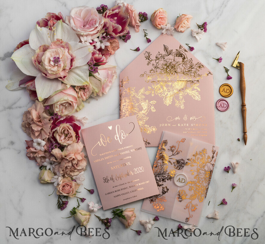 WEDDING INVITATIONS gold / rose gold / silver / glitter Luxury Vellum Gold Foil Wedding Invitations, Elegant Blush Pink Wedding Invitation Suite, Glamour Wedding Cards, Golden Shine Wedding Invitation Suite