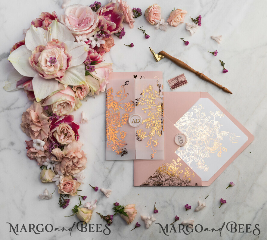 WEDDING INVITATIONS gold / rose gold / silver / glitter Luxury Vellum Gold Foil Wedding Invitations, Elegant Blush Pink Wedding Invitation Suite, Glamour Wedding Cards, Golden Shine Wedding Invitation Suite