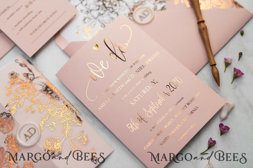 WEDDING INVITATIONS gold / rose gold / silver / glitter Luxury Vellum Gold Foil Wedding Invitations, Elegant Blush Pink Wedding Invitation Suite, Glamour Wedding Cards, Golden Shine Wedding Invitation Suite