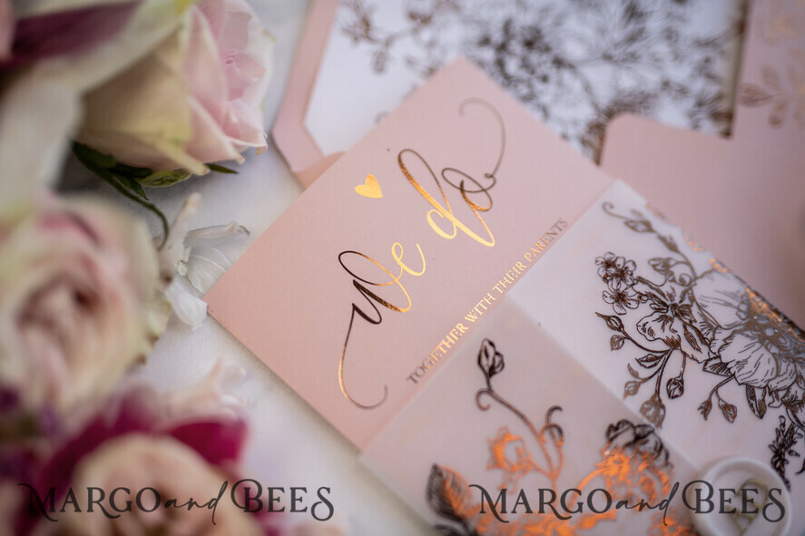 WEDDING INVITATIONS gold / rose gold / silver / glitter Luxury Vellum Gold Foil Wedding Invitations, Elegant Blush Pink Wedding Invitation Suite, Glamour Wedding Cards, Golden Shine Wedding Invitation Suite