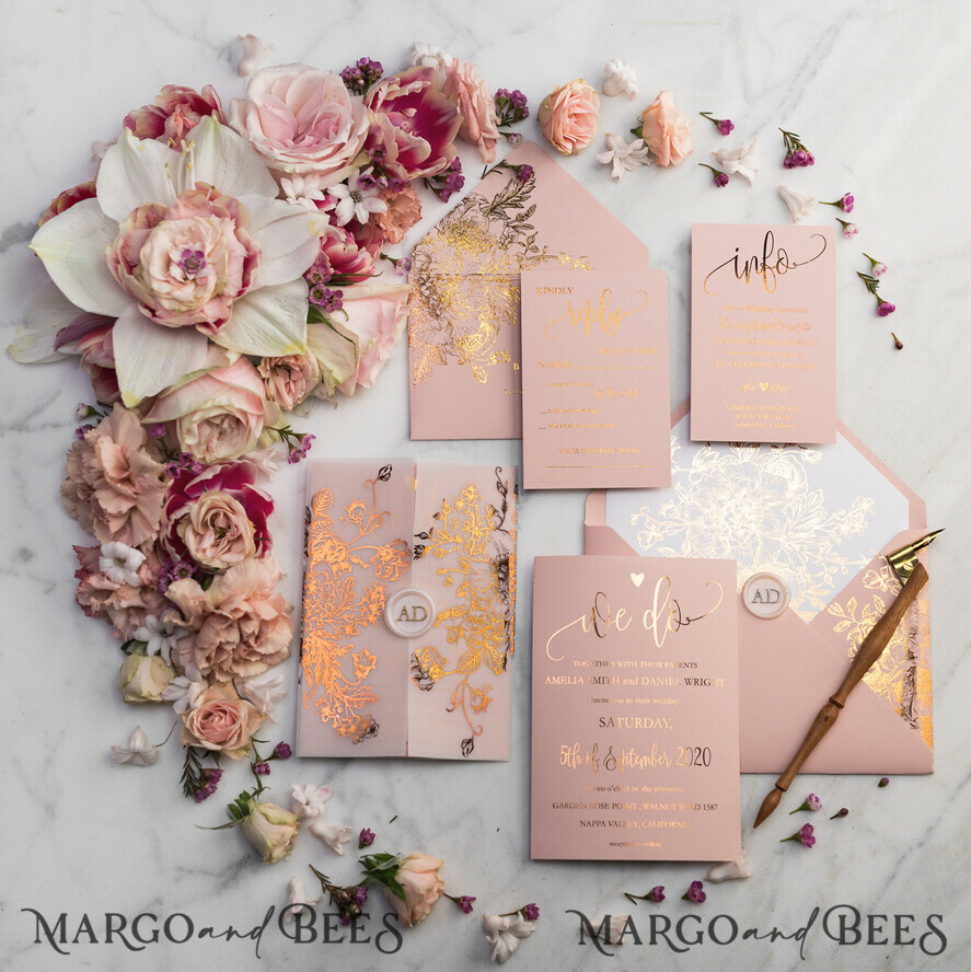WEDDING INVITATIONS gold / rose gold / silver / glitter Luxury Vellum Gold Foil Wedding Invitations, Elegant Blush Pink Wedding Invitation Suite, Glamour Wedding Cards, Golden Shine Wedding Invitation Suite