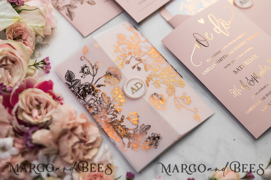 WEDDING INVITATIONS gold / rose gold / silver / glitter Luxury Vellum Gold Foil Wedding Invitations, Elegant Blush Pink Wedding Invitation Suite, Glamour Wedding Cards, Golden Shine Wedding Invitation Suite