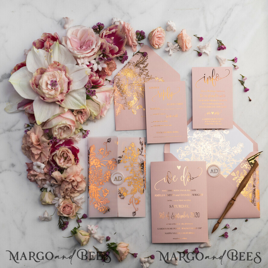 WEDDING INVITATIONS gold / rose gold / silver / glitter Luxury Vellum Gold Foil Wedding Invitations, Elegant Blush Pink Wedding Invitation Suite, Glamour Wedding Cards, Golden Shine Wedding Invitation Suite